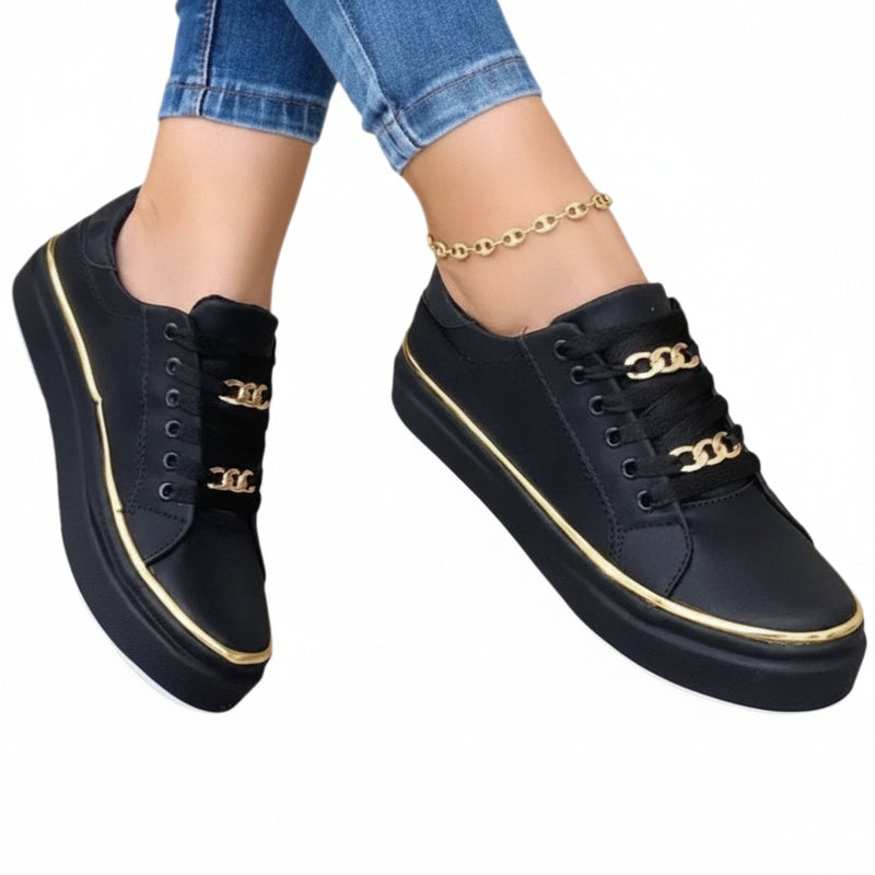 Women's Platform Sneakers with Lace-Up Closure and Metal Chain Detail