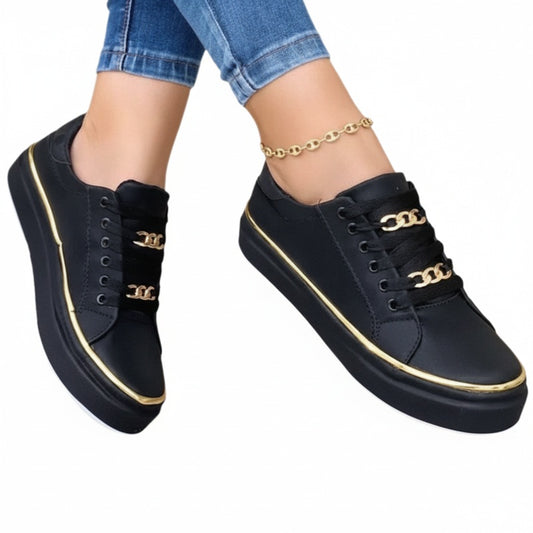 Women's Platform Sneakers with Lace-Up Closure and Metal Chain Detail