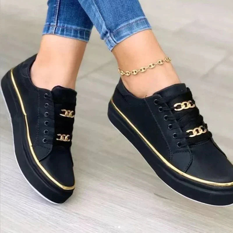 Women's Platform Sneakers with Lace-Up Closure and Metal Chain Detail