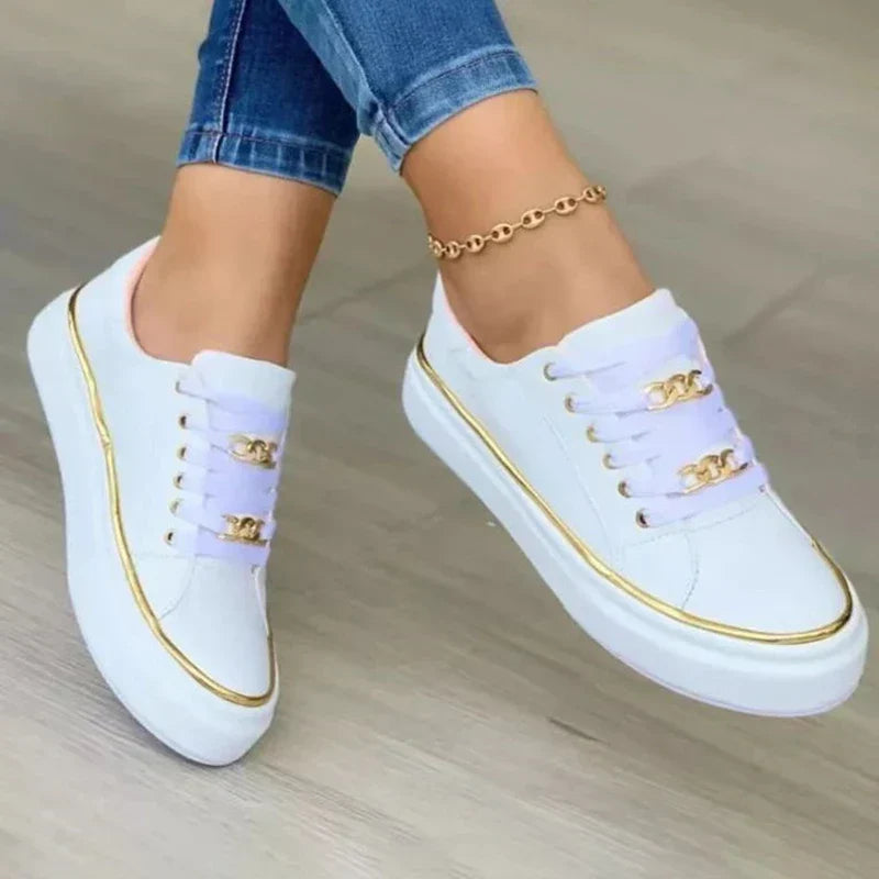 Women's Platform Sneakers with Lace-Up Closure and Metal Chain Detail