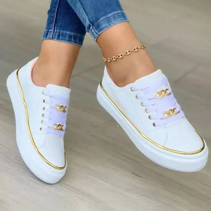 Women's Platform Sneakers with Lace-Up Closure and Metal Chain Detail