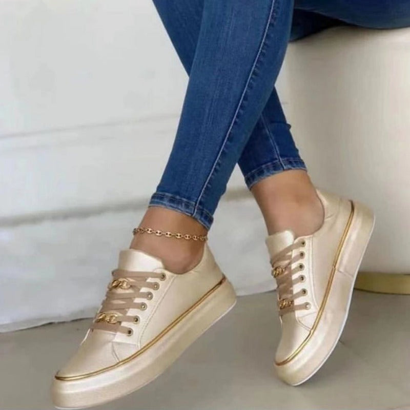 Women's Platform Sneakers with Lace-Up Closure and Metal Chain Detail