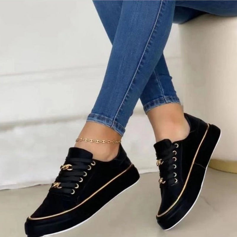 Women's Platform Sneakers with Lace-Up Closure and Metal Chain Detail
