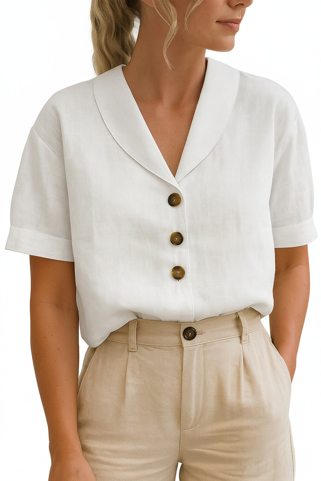 Women's Short Sleeve Blouse with V-Neck Shawl Collar and Button Closure