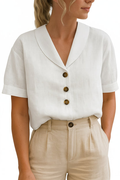 Women's Short Sleeve Blouse with V-Neck Shawl Collar and Button Closure