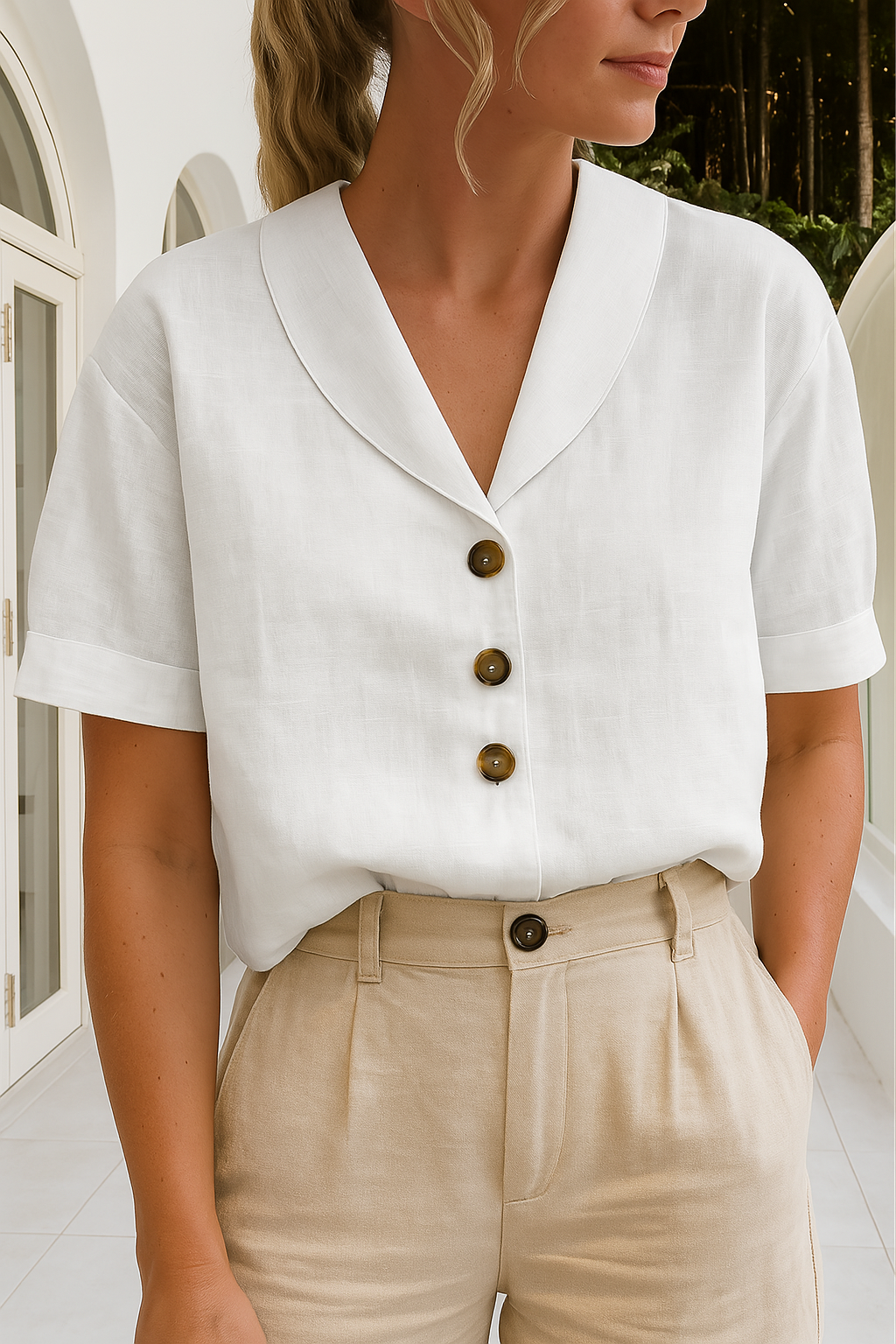 Women's Short Sleeve Blouse with V-Neck Shawl Collar and Button Closure