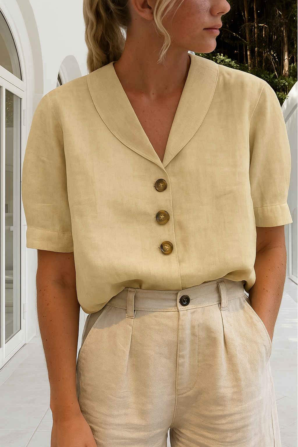 Women's Short Sleeve Blouse with V-Neck Shawl Collar and Button Closure