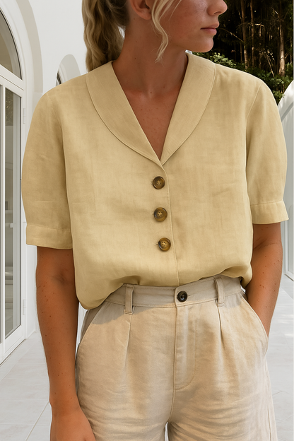 Women's Short Sleeve Blouse with V-Neck Shawl Collar and Button Closure