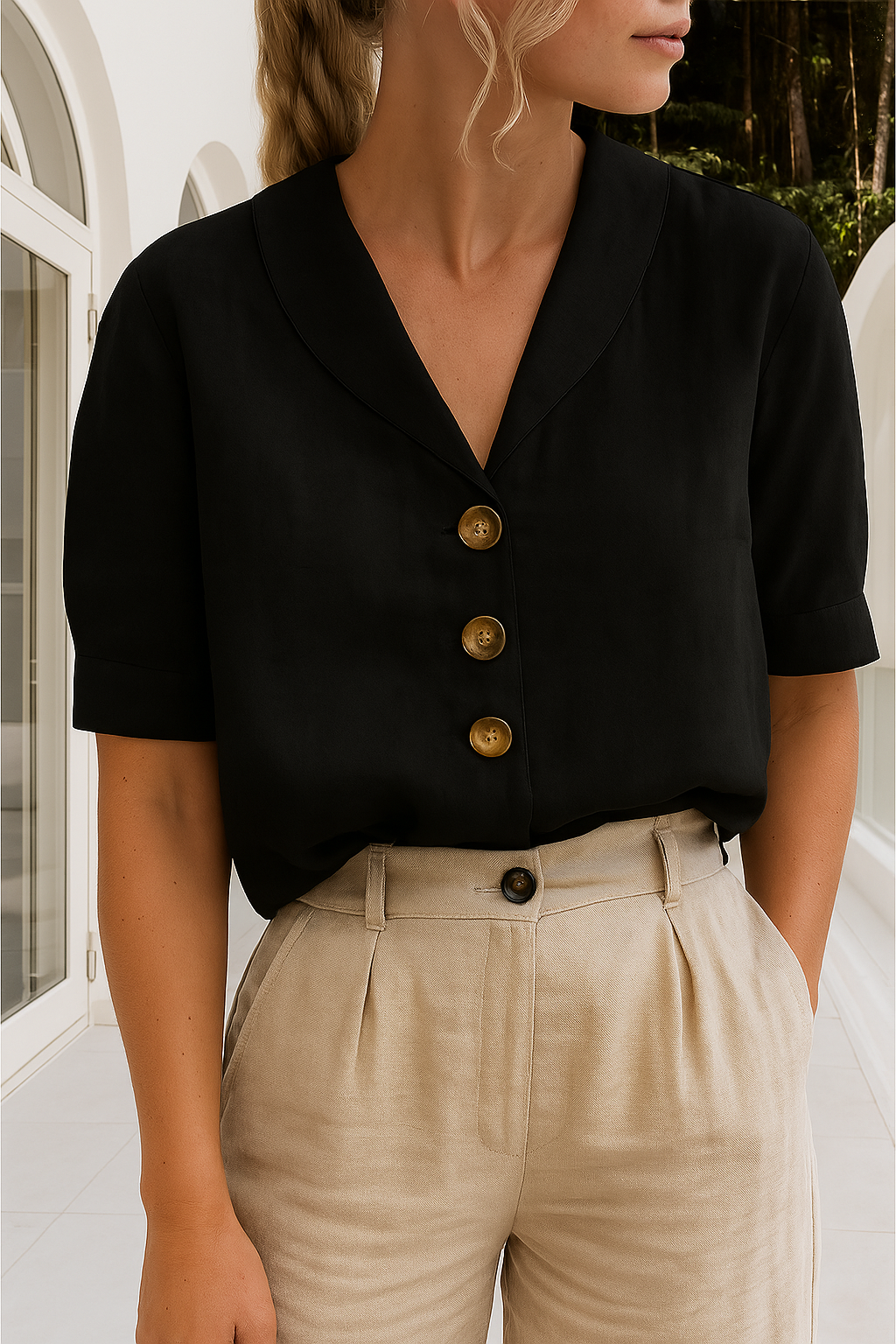 Women's Short Sleeve Blouse with V-Neck Shawl Collar and Button Closure