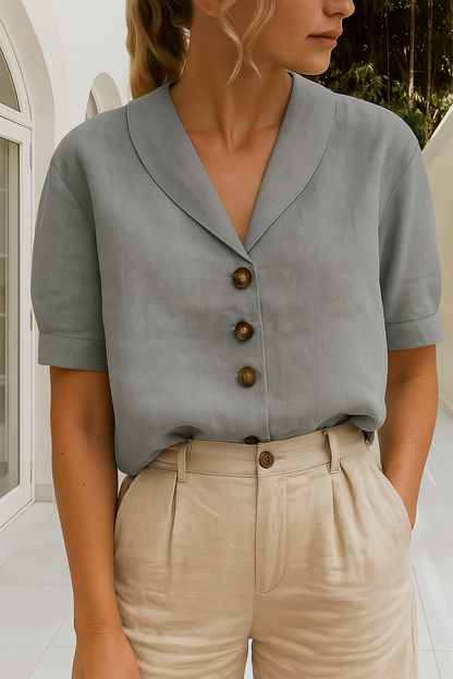 Women's Short Sleeve Blouse with V-Neck Shawl Collar and Button Closure