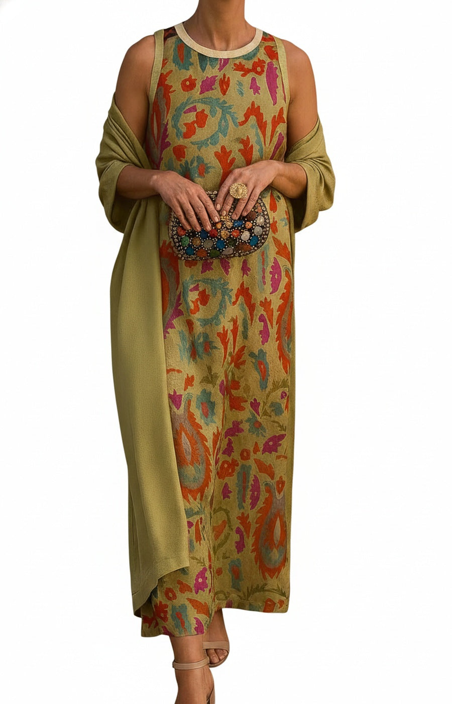 Women's Sleeveless Maxi Dress with Matching Open-Front Coat and Floral Print