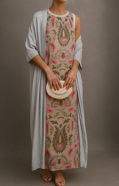 Women's Sleeveless Maxi Dress with Matching Open-Front Coat and Floral Print
