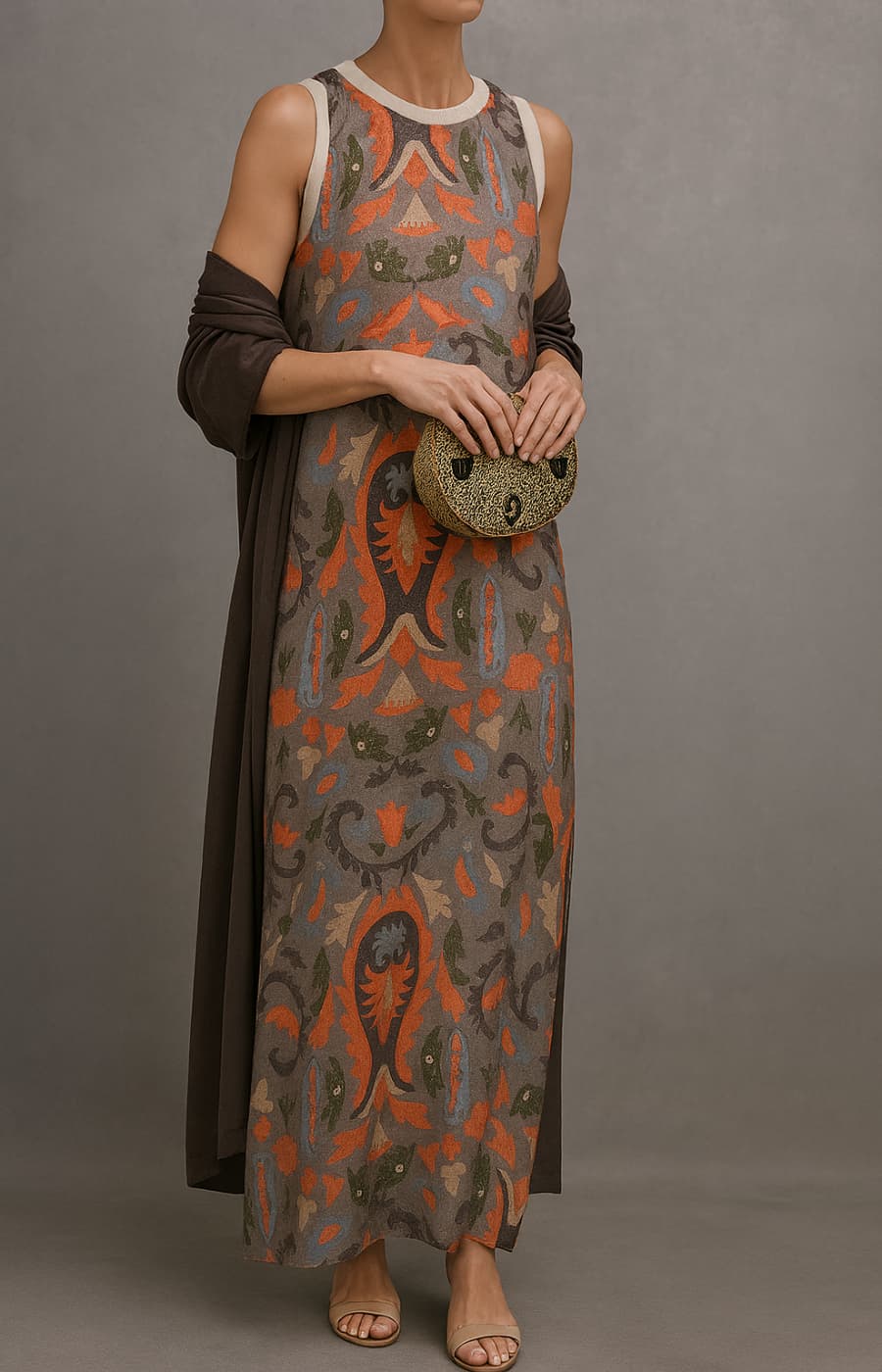 Women's Sleeveless Maxi Dress with Matching Open-Front Coat and Floral Print