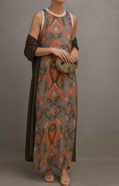 Women's Sleeveless Maxi Dress with Matching Open-Front Coat and Floral Print