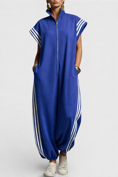 Women's Sleeveless Zip-Up Jumpsuit with Stand Collar and Stripe Detail