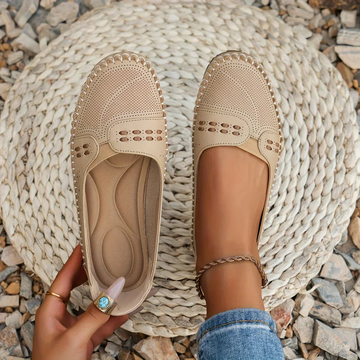 Women's Slip-On Loafer Flats with Perforated Detail and Cushioned Insole