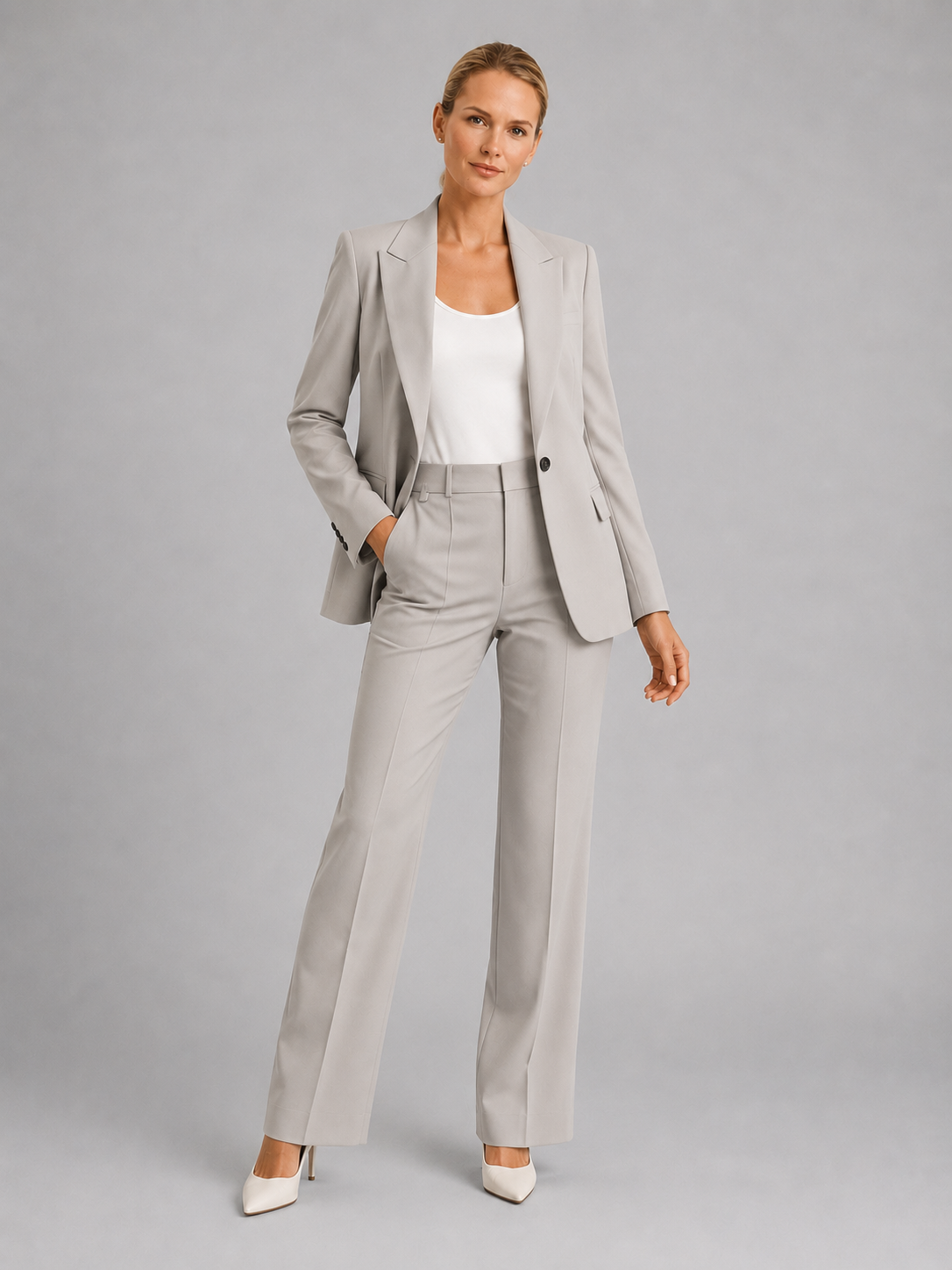 Women's Tailored Blazer and High-Waist Wide-Leg Trousers Suit Set