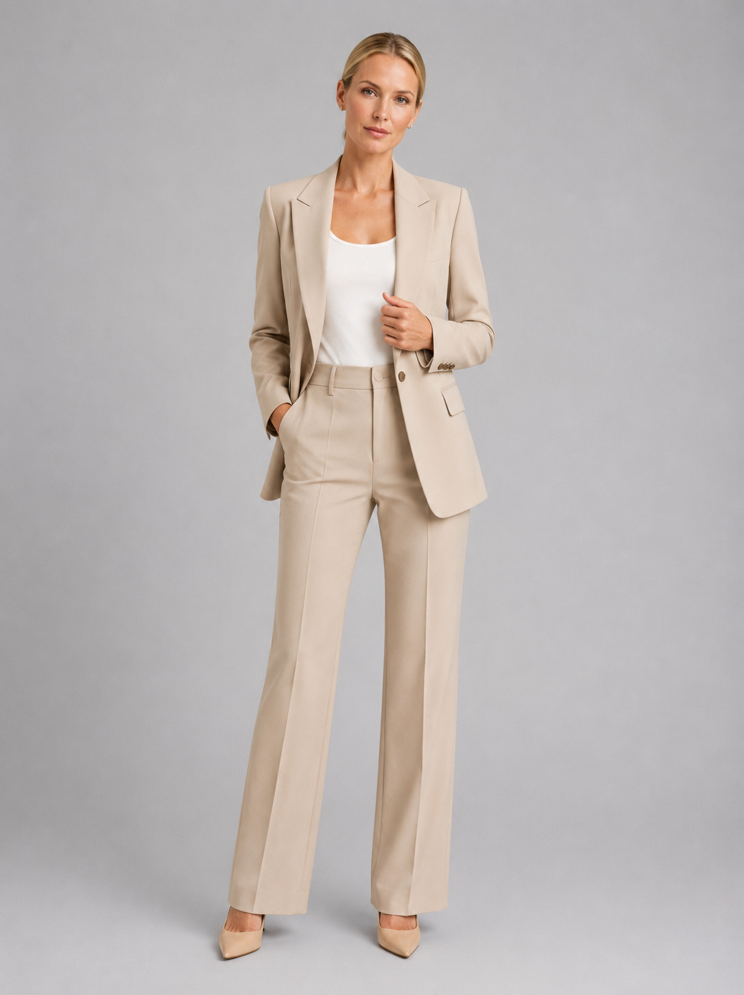 Women's Tailored Blazer and High-Waist Wide-Leg Trousers Suit Set