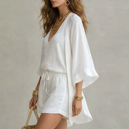 Women's Three-Piece Clothing Set with Kimono Cardigan, V-Neck Top and Drawstring Shorts