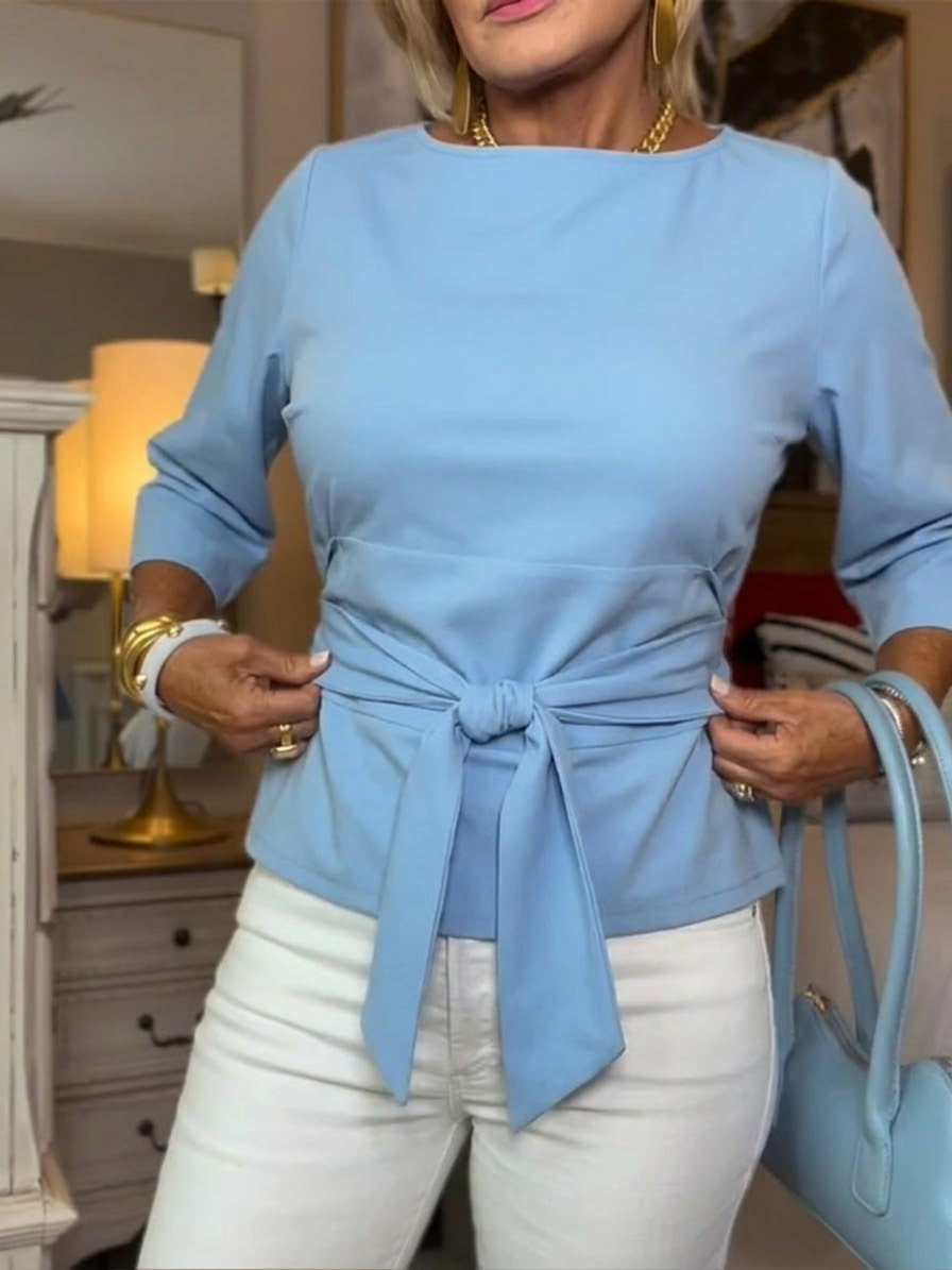 Women's Tie-Front Top with Round Neck and Three-Quarter Sleeves
