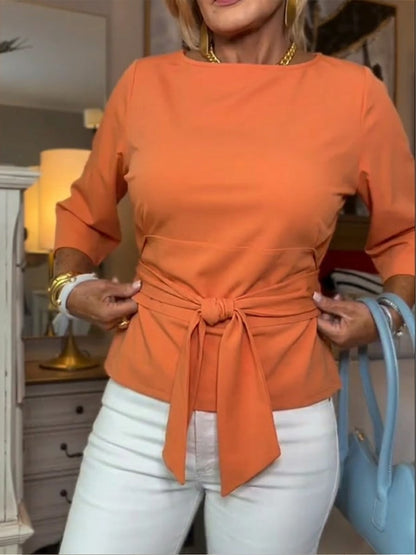 Women's Tie-Front Top with Round Neck and Three-Quarter Sleeves