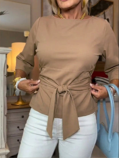 Women's Tie-Front Top with Round Neck and Three-Quarter Sleeves