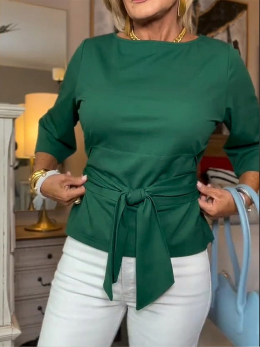 Women's Tie-Front Top with Round Neck and Three-Quarter Sleeves