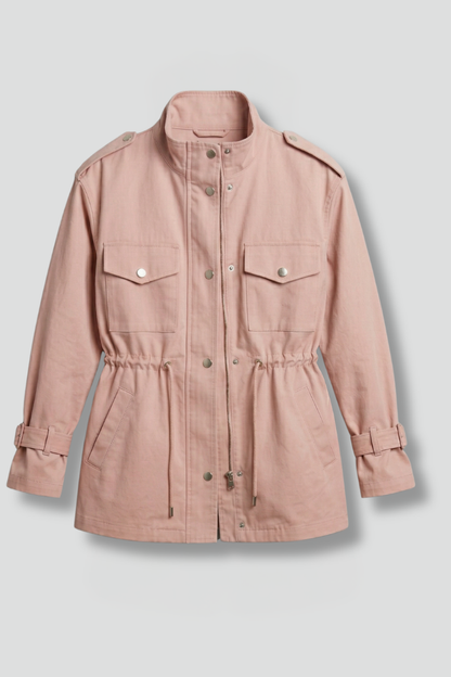 Women's Utility Jacket with Stand Collar, Drawstring Waist and Snap Button Closure