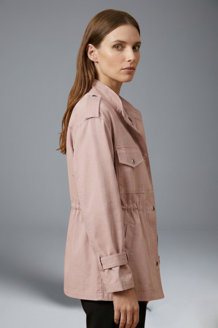 Women's Utility Jacket with Stand Collar, Drawstring Waist and Snap Button Closure