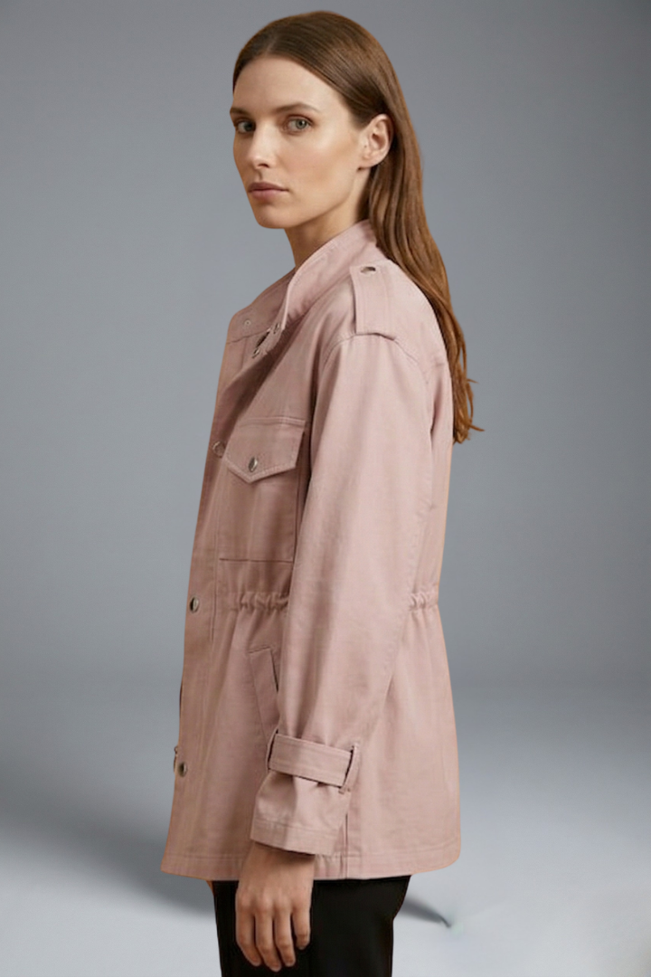 Women's Utility Jacket with Stand Collar, Drawstring Waist and Snap Button Closure