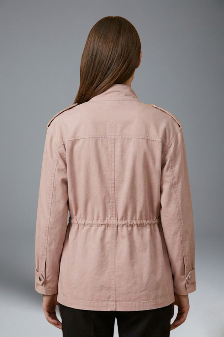 Women's Utility Jacket with Stand Collar, Drawstring Waist and Snap Button Closure