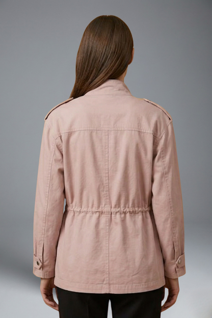 Women's Utility Jacket with Stand Collar, Drawstring Waist and Snap Button Closure