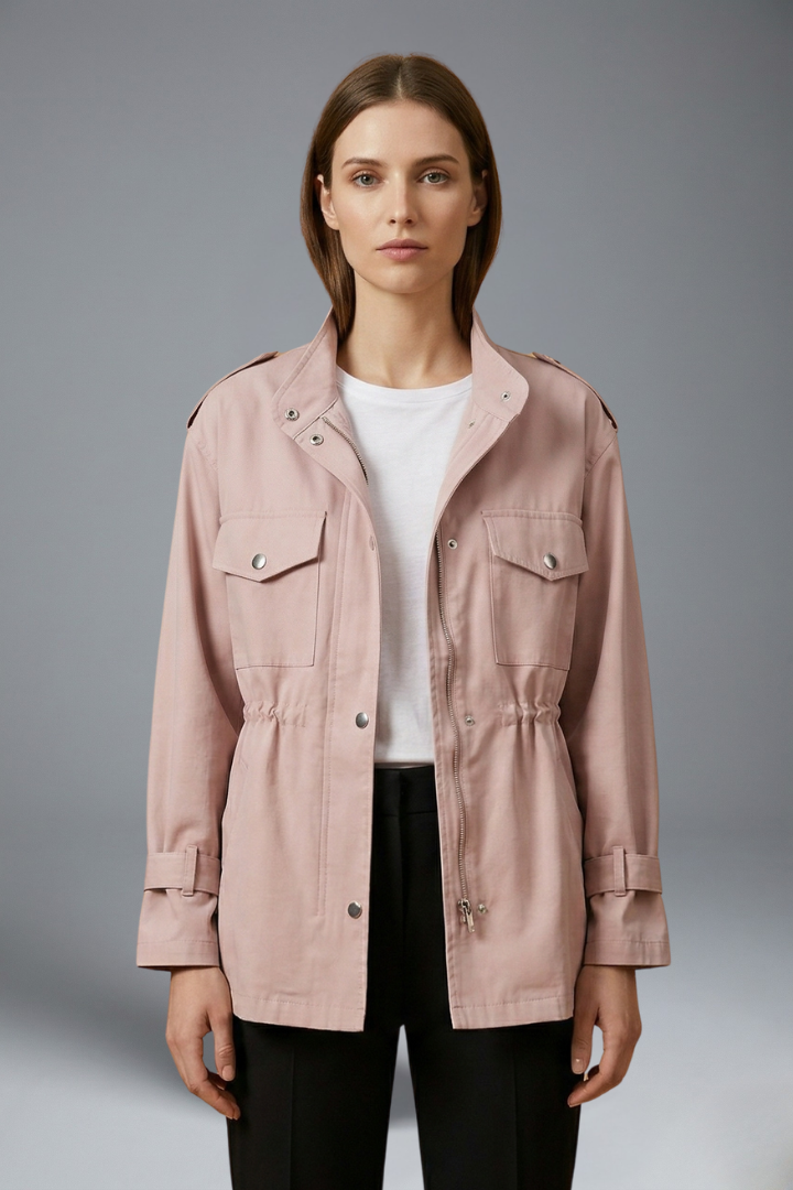 Women's Utility Jacket with Stand Collar, Drawstring Waist and Snap Button Closure