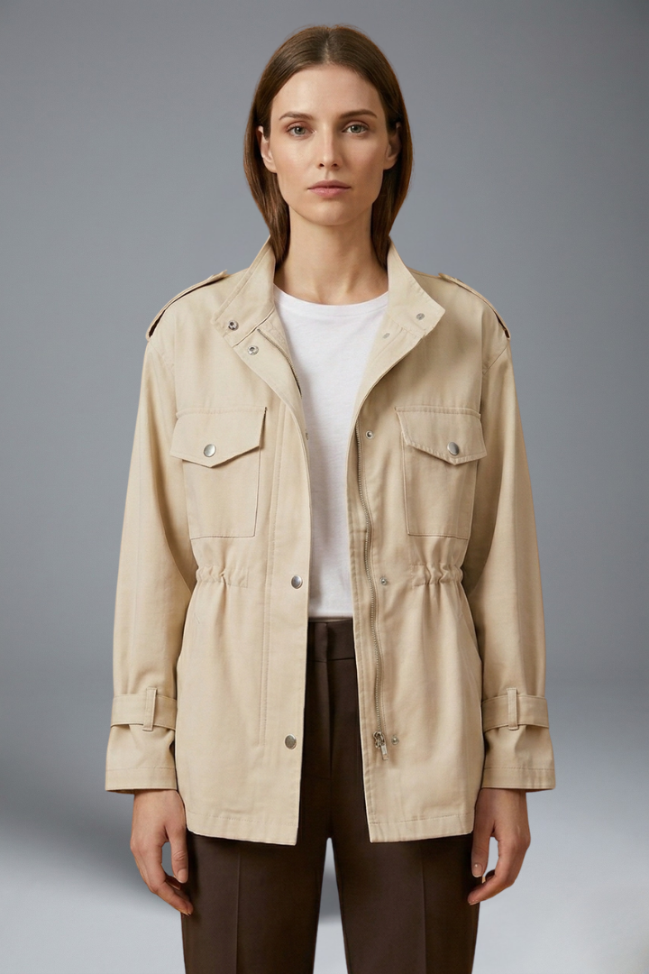 Women's Utility Jacket with Stand Collar, Drawstring Waist and Snap Button Closure