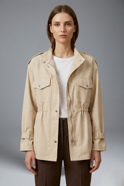 Women's Utility Jacket with Stand Collar, Drawstring Waist and Snap Button Closure