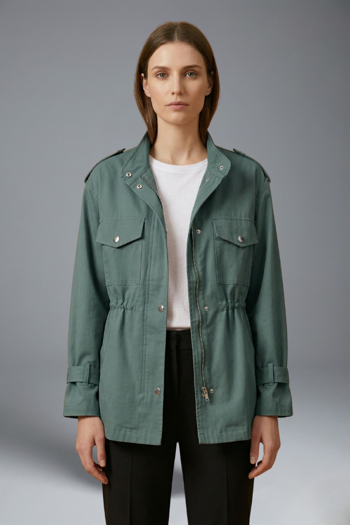Women's Utility Jacket with Stand Collar, Drawstring Waist and Snap Button Closure