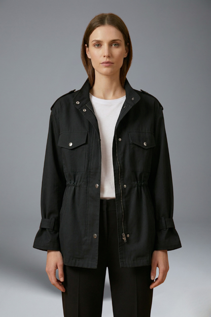 Women's Utility Jacket with Stand Collar, Drawstring Waist and Snap Button Closure