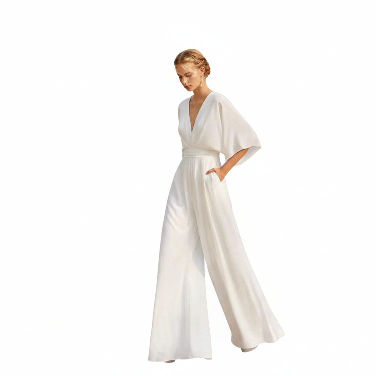 Women's Wide Leg Jumpsuit with V-Neck and Batwing Sleeves