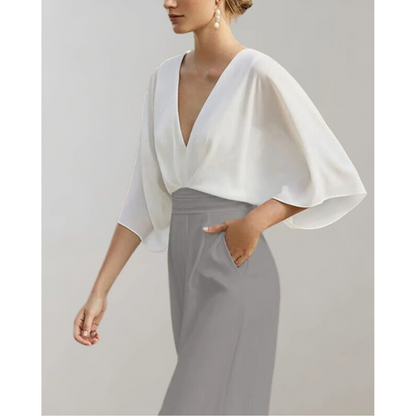 Women's Wide Leg Jumpsuit with V-Neck and Batwing Sleeves