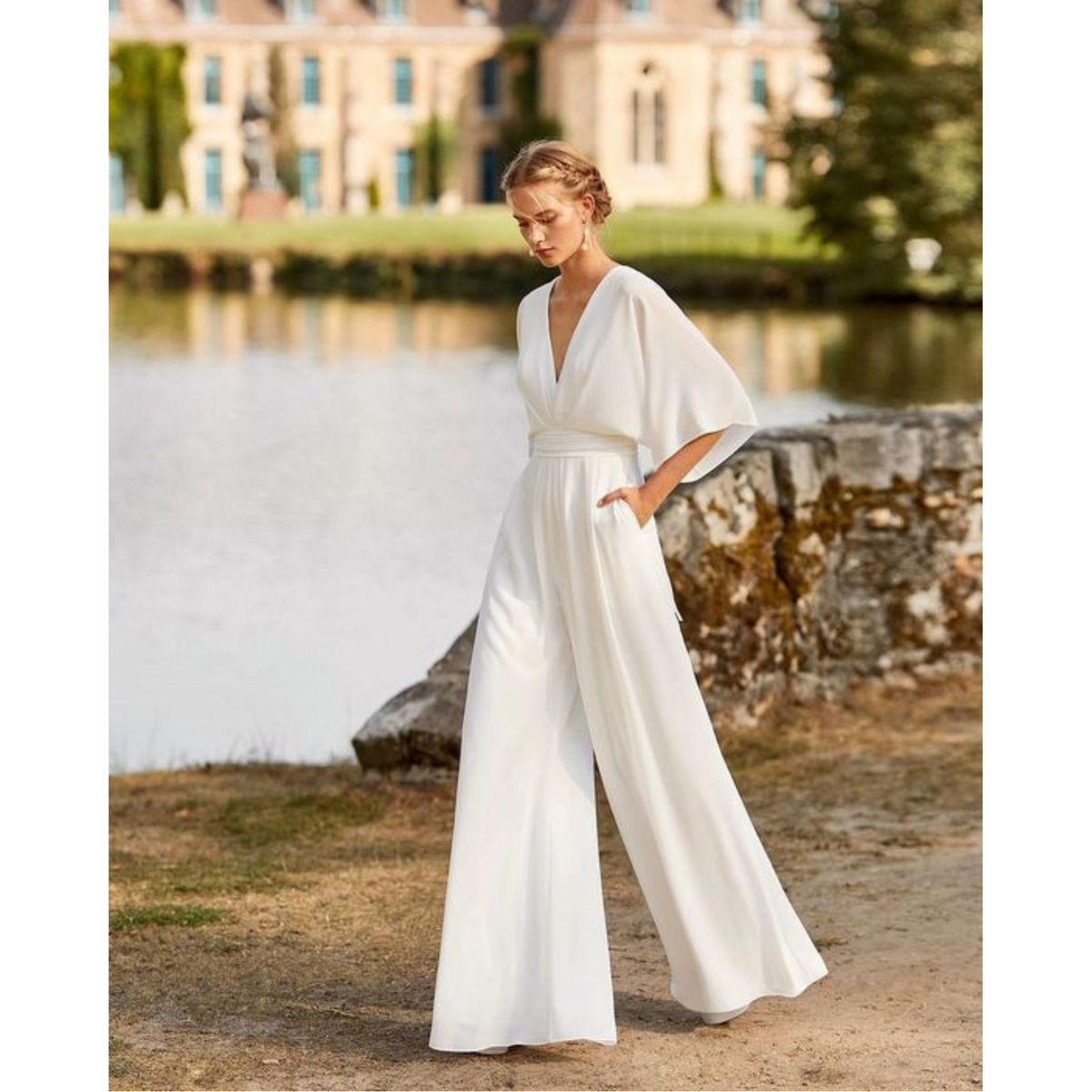 Women's Wide Leg Jumpsuit with V-Neck and Batwing Sleeves