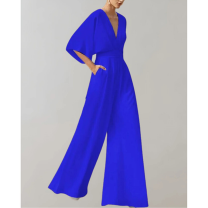 Women's Wide Leg Jumpsuit with V-Neck and Batwing Sleeves