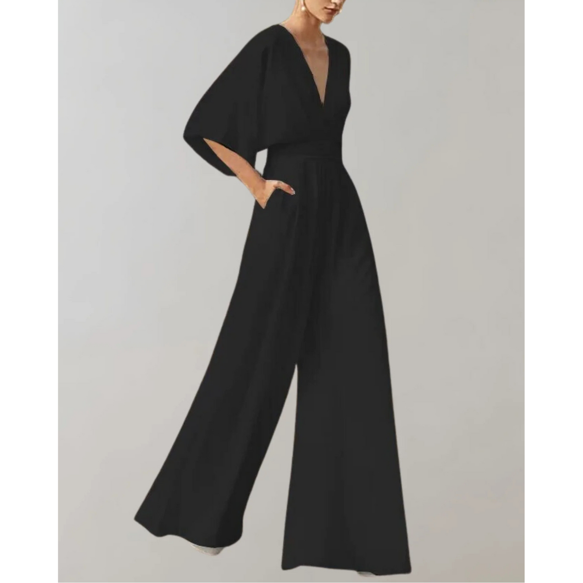 Women's Wide Leg Jumpsuit with V-Neck and Batwing Sleeves