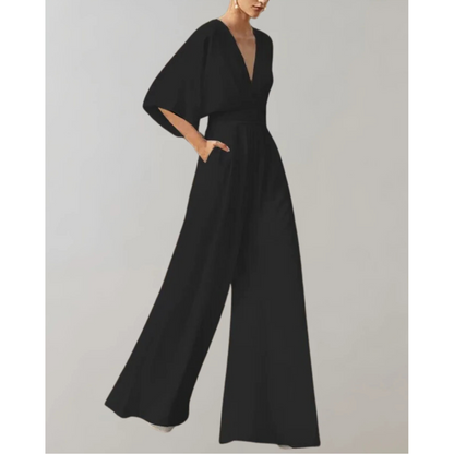 Women's Wide Leg Jumpsuit with V-Neck and Batwing Sleeves