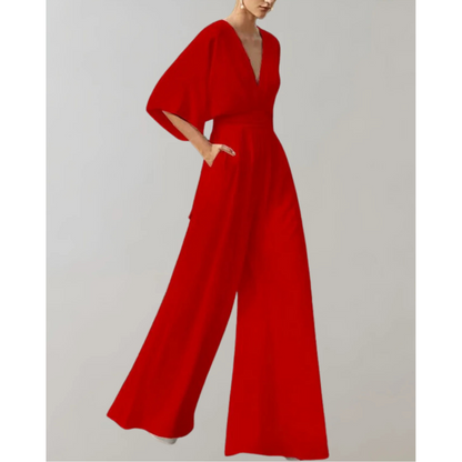 Women's Wide Leg Jumpsuit with V-Neck and Batwing Sleeves