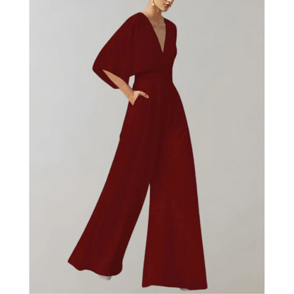 Women's Wide Leg Jumpsuit with V-Neck and Batwing Sleeves