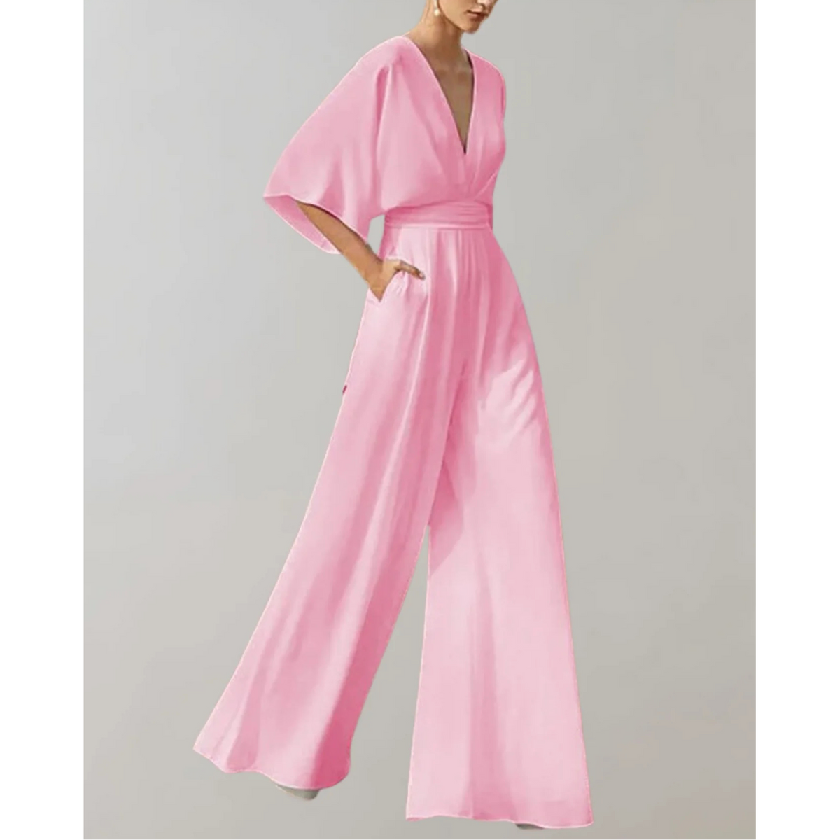 Women's Wide Leg Jumpsuit with V-Neck and Batwing Sleeves