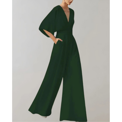 Women's Wide Leg Jumpsuit with V-Neck and Batwing Sleeves