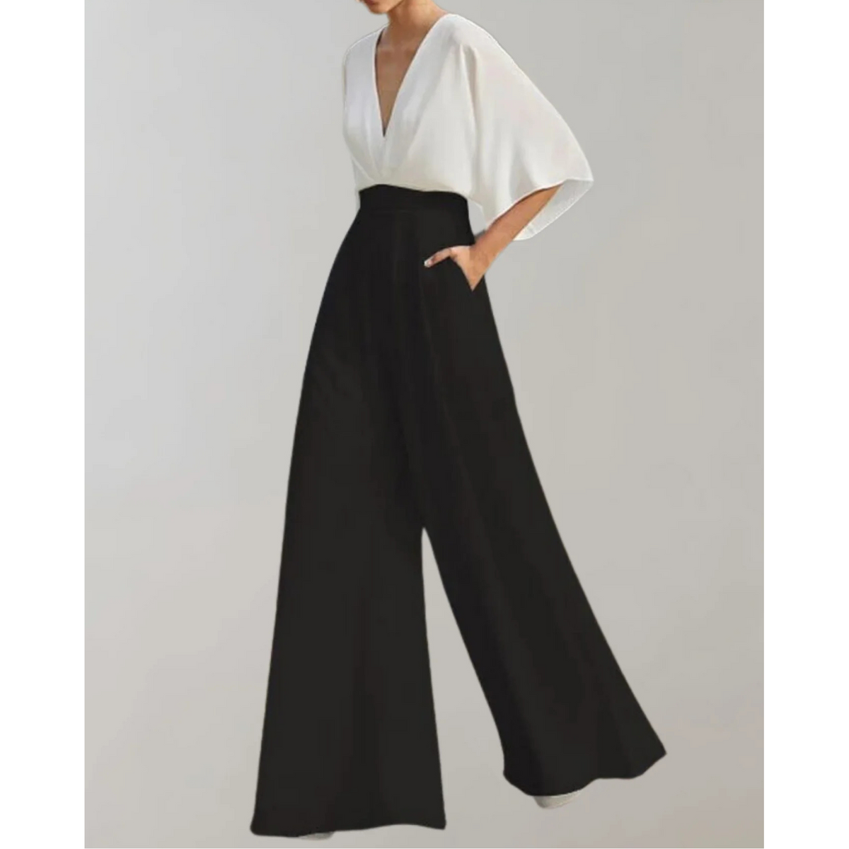 Women's Wide Leg Jumpsuit with V-Neck and Batwing Sleeves