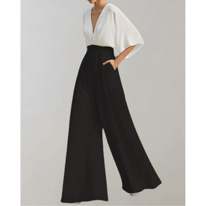 Women's Wide Leg Jumpsuit with V-Neck and Batwing Sleeves