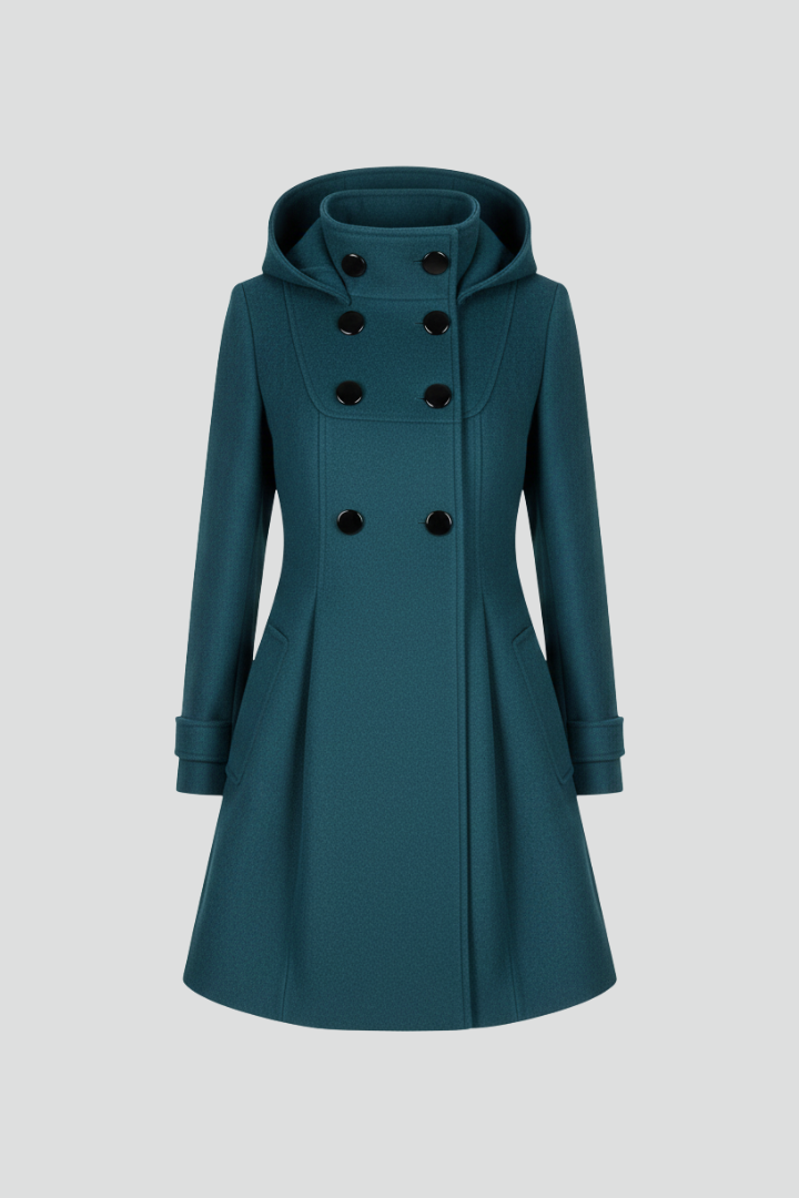 Women's Winter Coat Double-Breasted with Hood and A-Line Silhouette